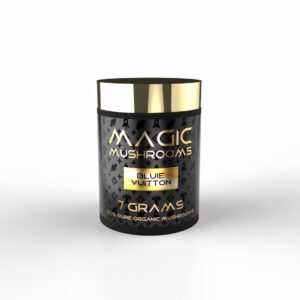 Black and gold Magic Mushrooms Bluie Vuitton 7 gram container
