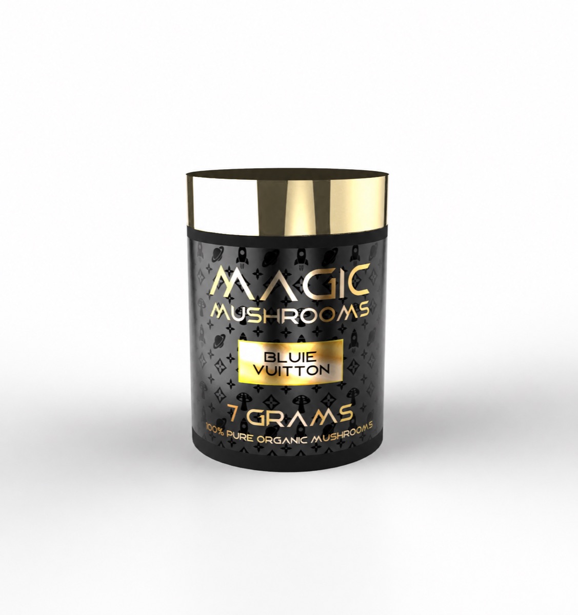 Black and gold Magic Mushrooms Bluie Vuitton 7 gram container