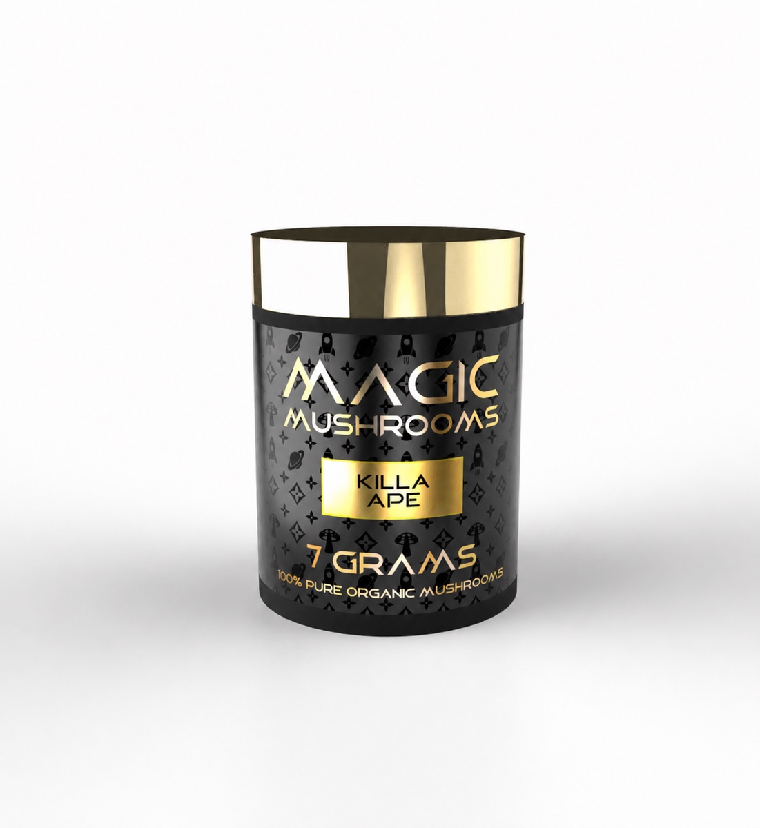 Black and gold Magic Mushrooms Killa Ape 7 gram container